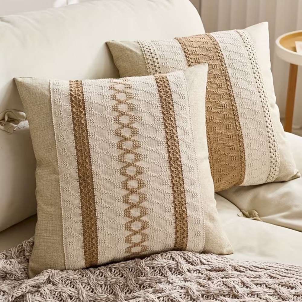 Beige Woven Farmhouse Decor | Boho Neutral Throw Pillow Covers